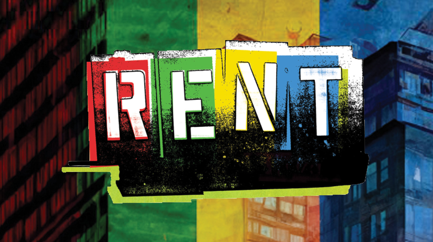 Image the word 'RENT' in capital block-style, stencil text. The 'R' is red, the 'E' is green, the 'N' is yellow and the 'T' is blue. Behind the text, images of buildings are visible. 