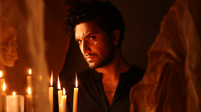 Image of Ahad Raza Mir, a Pakistani-Canadian actor, warmly lit by candles and surrounded by wispy translucent fabric. He has medium skin and dark hair and facial hair, and he’s wearing a black shirt. There is a skull facing him from the far-left behind a swath of fabric. 