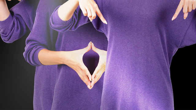 Image of three women with light skin from shoulders to hips wearing purple sweater dresses. The woman in front is pointing with both hands down to her navel and below. The second woman, who is slightly behind the first, holds her hands together in front of her creating an oval shape in the empty space between her thumbs and forefingers. The third woman is only partially visible and appears to be in the same pose as the first woman. 