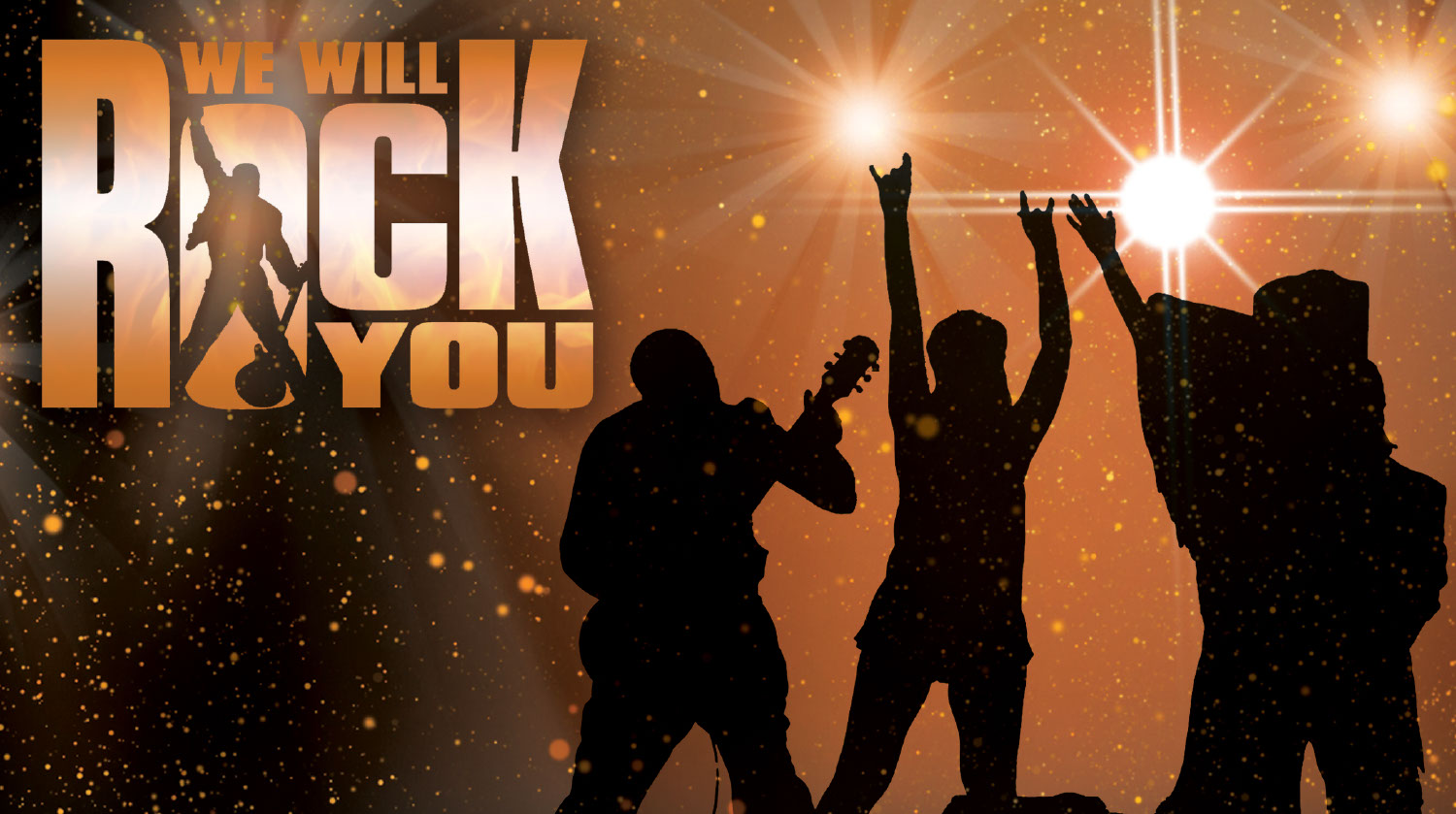 Bright orange lights cast shadows, forming three black silhouettes. One individual plays the guitar, while another raises their hands in the air with the devil horn gesture. To the right of the silhouettes, capital text reads "We Will Rock You." The letter 'O' in the word 'rock' is crafted with the shape of an individual playing the electric guitar.