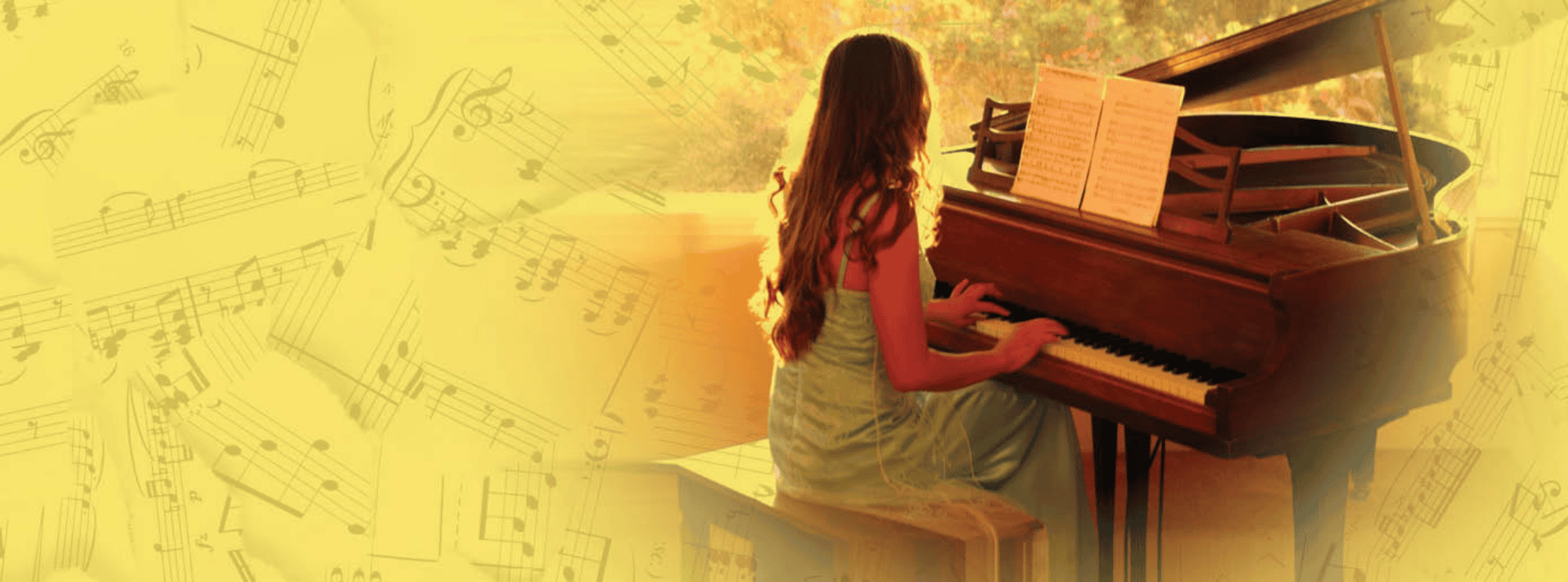 A young woman with long hair playing a grand piano, surrounded by a glowing, yellow-toned artistic depiction of floating musical notes