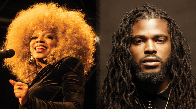 Split image: on the left, Kirk Diamond, a black man with curly hair, and on the right, Ammoye, a black woman with a blonde afro, smiles in a black outfit.