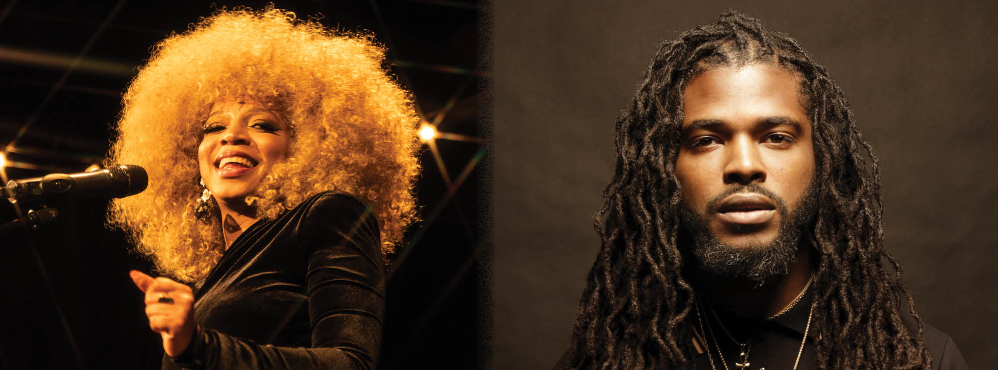 Split image: on the left, Kirk Diamond, a black man with curly hair, and on the right, Ammoye, a black woman with a blonde afro, smiles in a black outfit