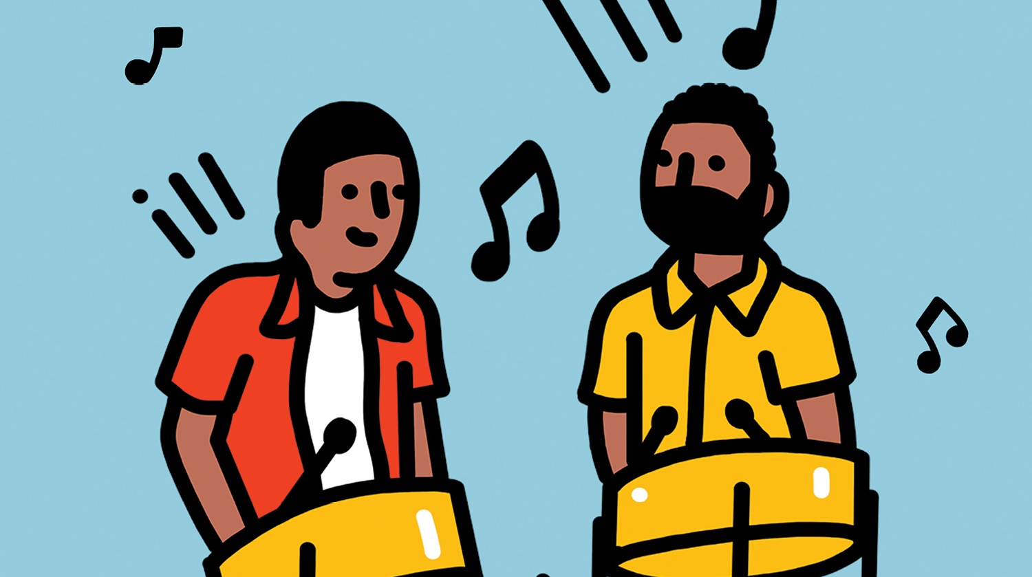 An illustration features two musicians playing steel drums against a light blue background. The musician on the left wears an orange shirt over a white t-shirt, while the musician on the right sports a yellow shirt. Both are depicted with simple, friendly facial expressions, and musical notes float around them.
