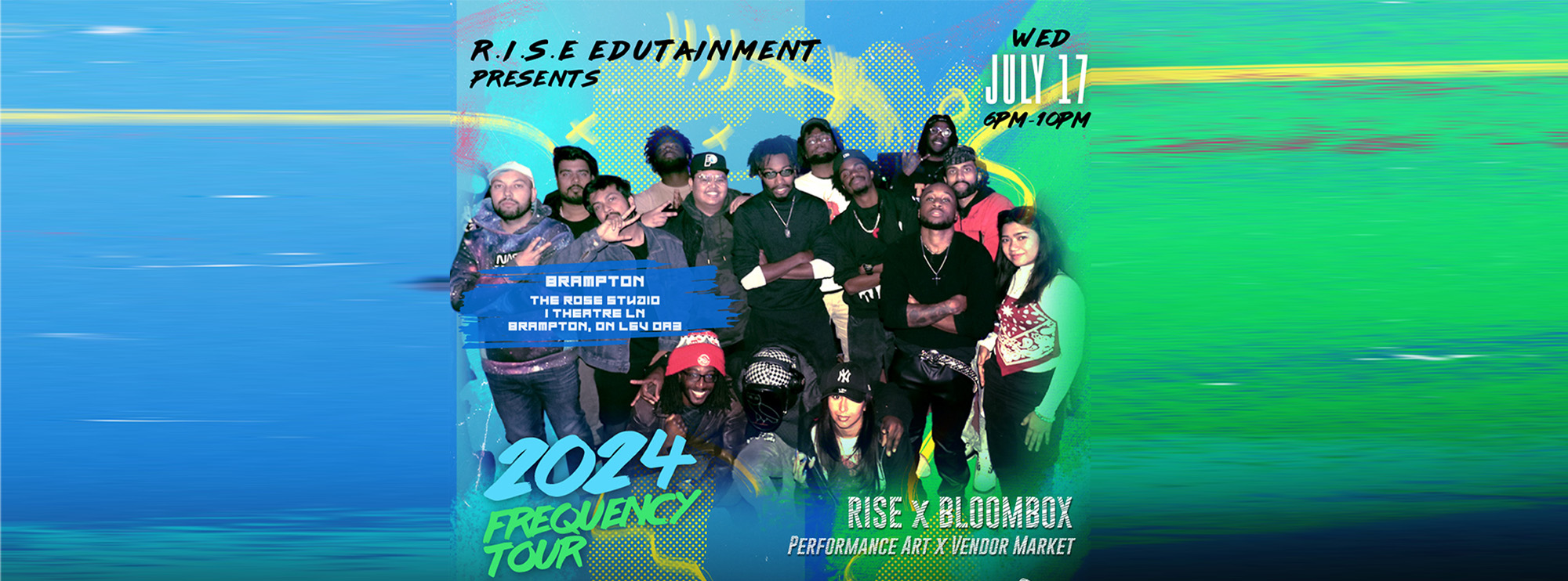 Group of people stand or kneel in front of camera on a blue, yellow and green background. The words 2024 Frequency Tour, Rise X Bloombox are below the group of people.