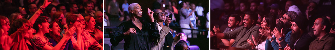 Three-panel image showing diverse audience members smiling, cheering, and applauding during a live performance.